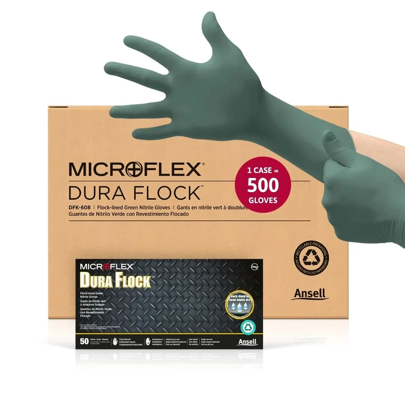 Ansell Microflex Dura Flock DFK-608 Thick 11mil Nitrile Gloves w/Flock Lining for Automotive, Aftermarket, Machinery - X-Large, Green (Case of 500) - Image 1