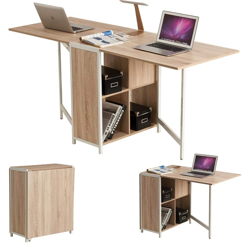 BAKAJI Multi-purpose Folding Extendable Desk with Bookcase 4 Compartments and Hidden Shelves in Wood and Steel (Beige/White) - Image 1