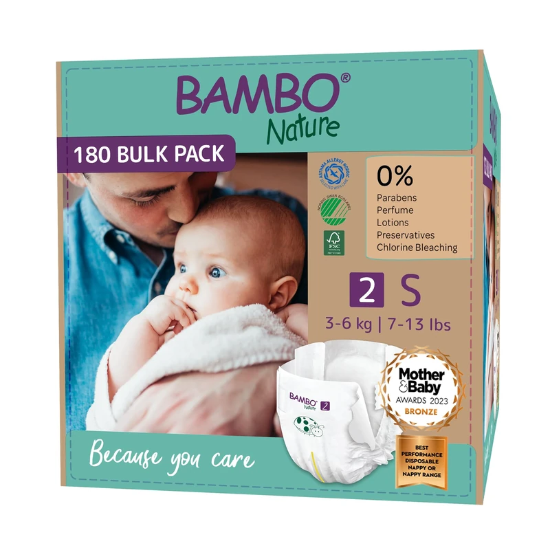 Bambo Nature Premium Eco Nappies, Size 2 Nappies (7-13lb/3-6kg), Mini, 180PK Eco-Labelled Nappy, Enhanced Leakage Protection, Secure and Comfortable Baby Nappies