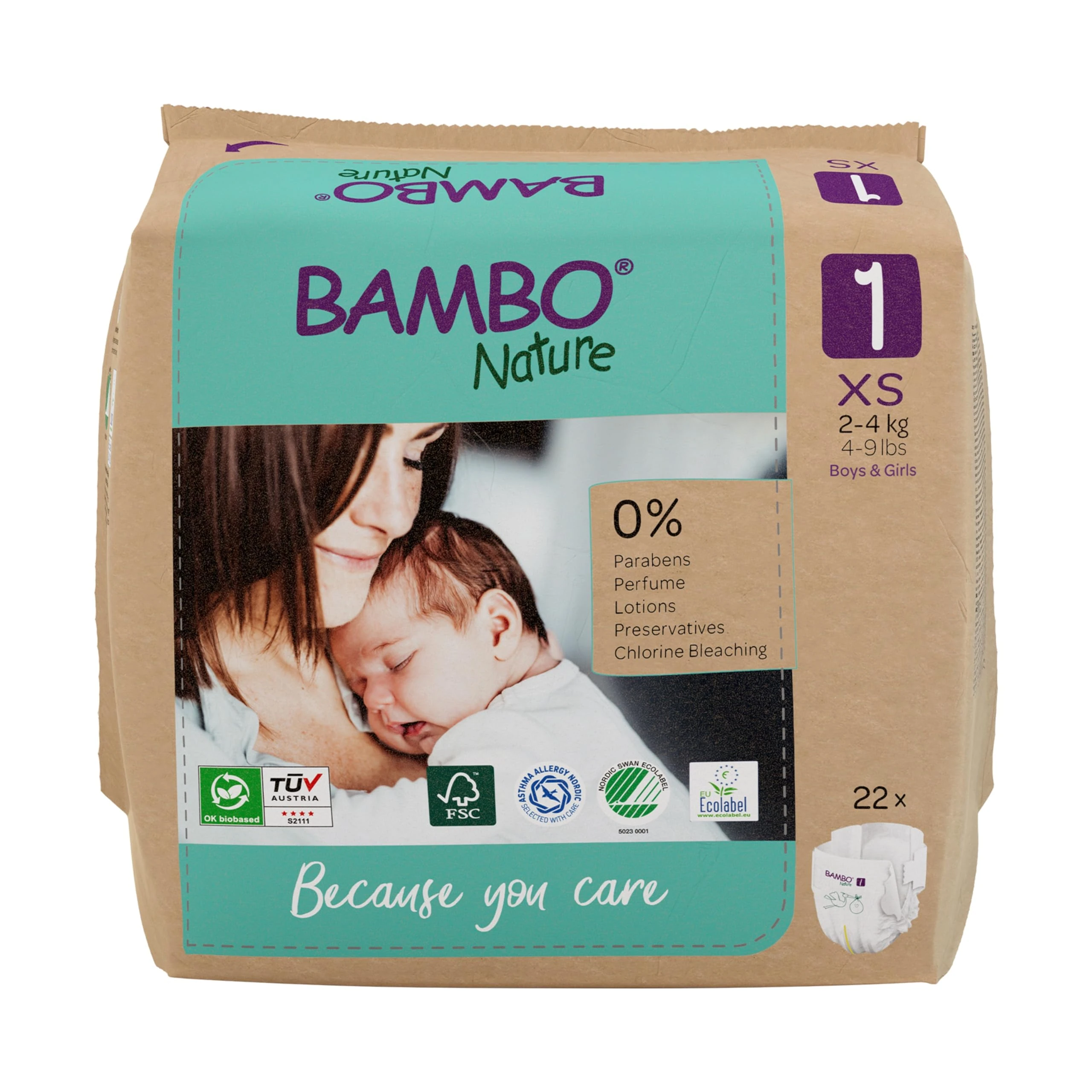 Bambo Nature Premium Eco Nappies, Size 1 (4-9 lb/2-4 kg), 22PK, Eco-Labelled Newborn Nappy, Enhanced Leakage Protection, Secure and Comfortable Baby Nappies, Newborn Essentials