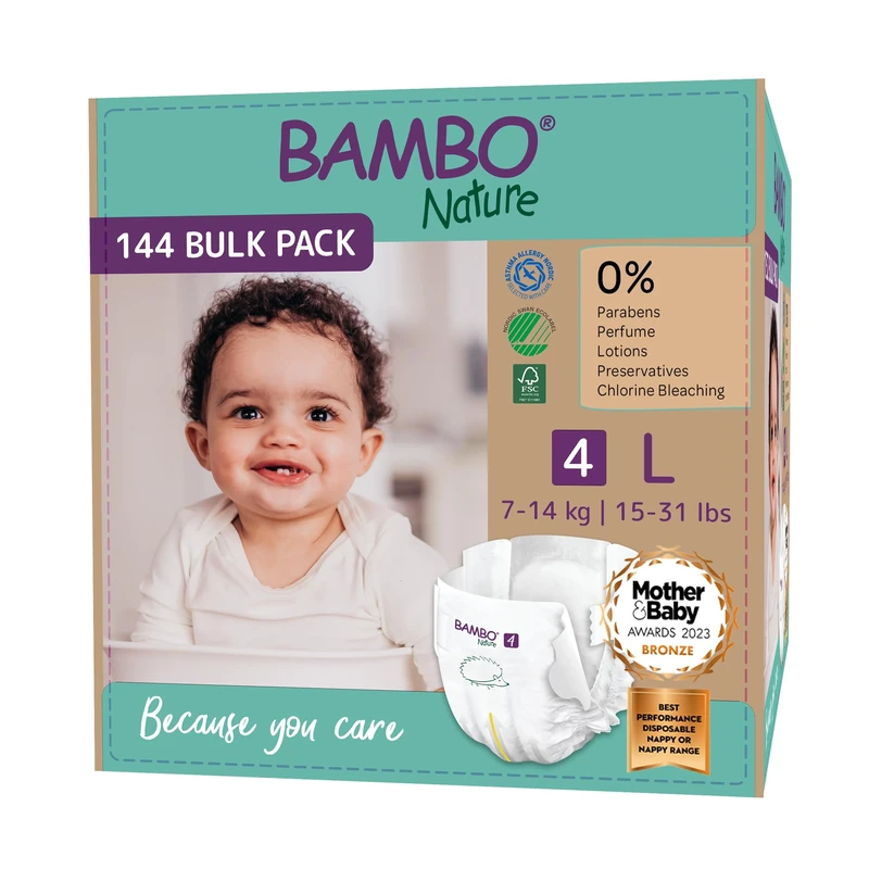 Bambo Nature Premium Eco Nappies, Size 4 (15-31lb/7-14 kg), Maxi, 144PK, Eco-Labelled Nappies, Enhanced Leakage Protection, Secure and Comfortable Baby Nappy