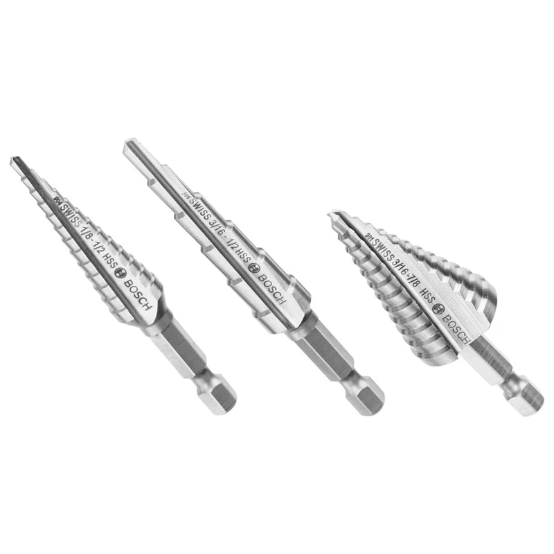 BOSCH IMSDC003 3-Piece Assorted Set High-Speed Steel Impact Tough Turbo Step Drill Bits Ideal for Cordless Drilling Applications in Thin Gauge Metal, Wood, Plastic, PVC