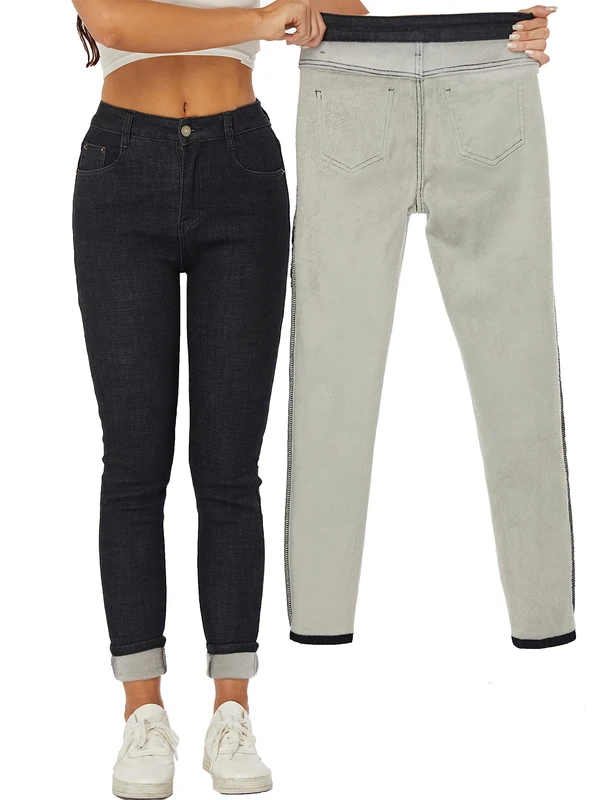 Yehopere Women Winter Jeans Skinny Jeans Fleece Lined Zip Slim Fit High Waist Jeggings - Black - Medium