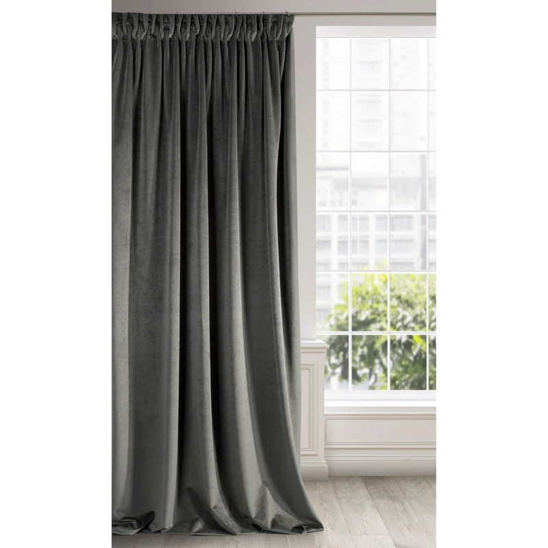 Eurofirany Soft Plain Opaque Velvet Curtain with Rufflette Tape For Rail - 1 Unit, Thick Fluffy Panel Drape Classic Glamour Elegant Living Room Bedroom, W55'' x L106'', 140x270 cm, Graphite