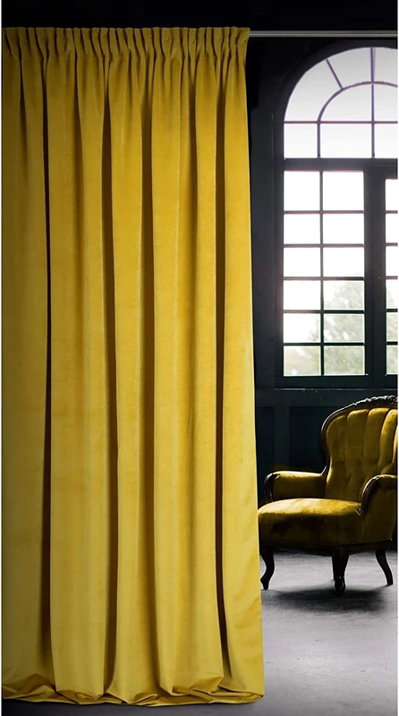 Eurofirany Soft Plain Opaque Velvet Curtain with Rufflette Tape For Rail - 1 Unit, Thick Fluffy Panel Drape Classic Glamour Elegant Living Room Bedroom, W55'' x L106'', 140x270 cm, Mustard - Image 1