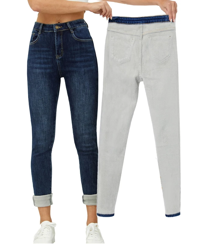 Yehopere Women Winter Jeans Skinny Jeans Fleece Lined Zip Slim Fit High Waist Jeggings - Blue - Medium