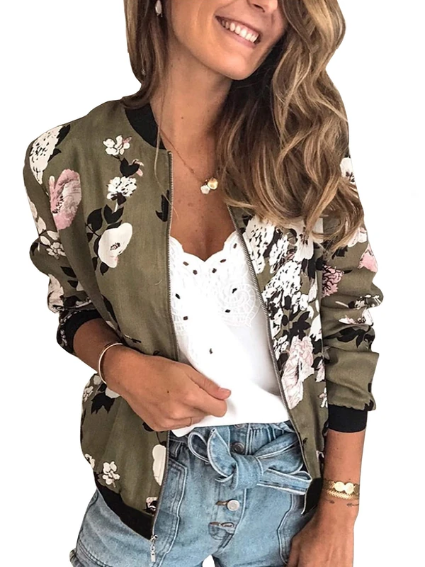 ECOWISH Women's Casual Floral Zip Up Inspired Bomber Jacket Leopard Coat Stand Collar Lightweight Short Outwear Tops 333 Army Green Large