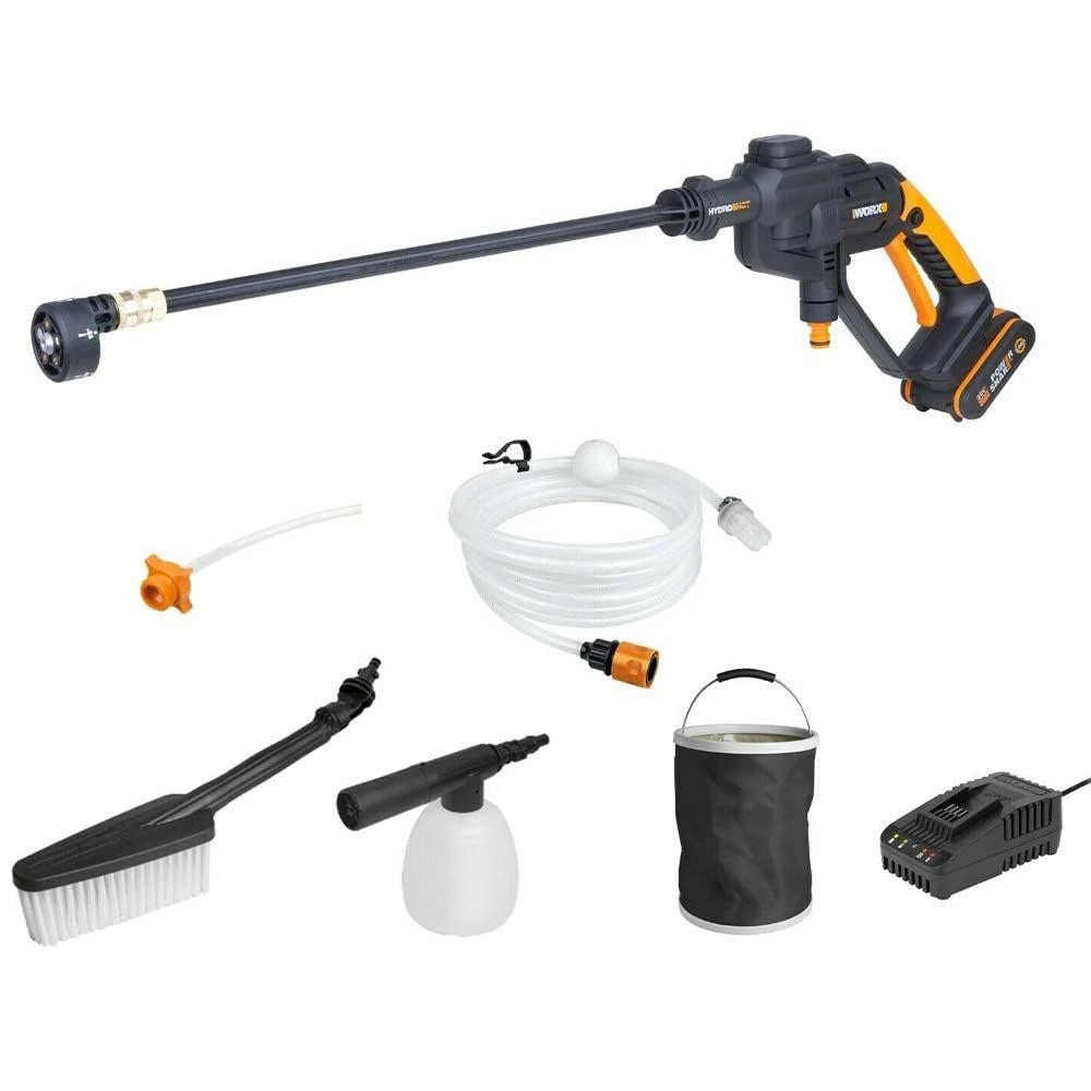 WORX HydroShot Cordless Pressure Washer - Portable Power Washer with 5-in-1 Pressure Nozzle, Max 24 Bar - Draws Water from Any Source - With 4 Accessories, Battery and Charger