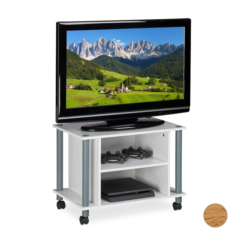 Relaxdays TV Stand on Castors, 2 Compartments, TV Rack, Mobile Coffee Table, HxWxD: 45x60x40 cm, White-Silver