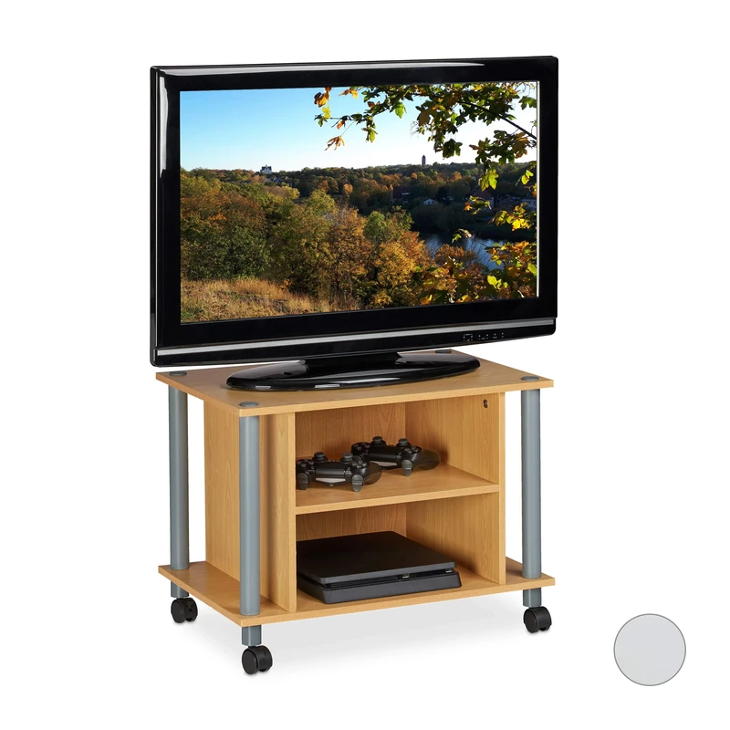 Relaxdays TV Stand on Castors, 2 Compartments, TV Rack, Mobile Coffee Table, HxWxD: 45x60x40 cm, Wood Look
