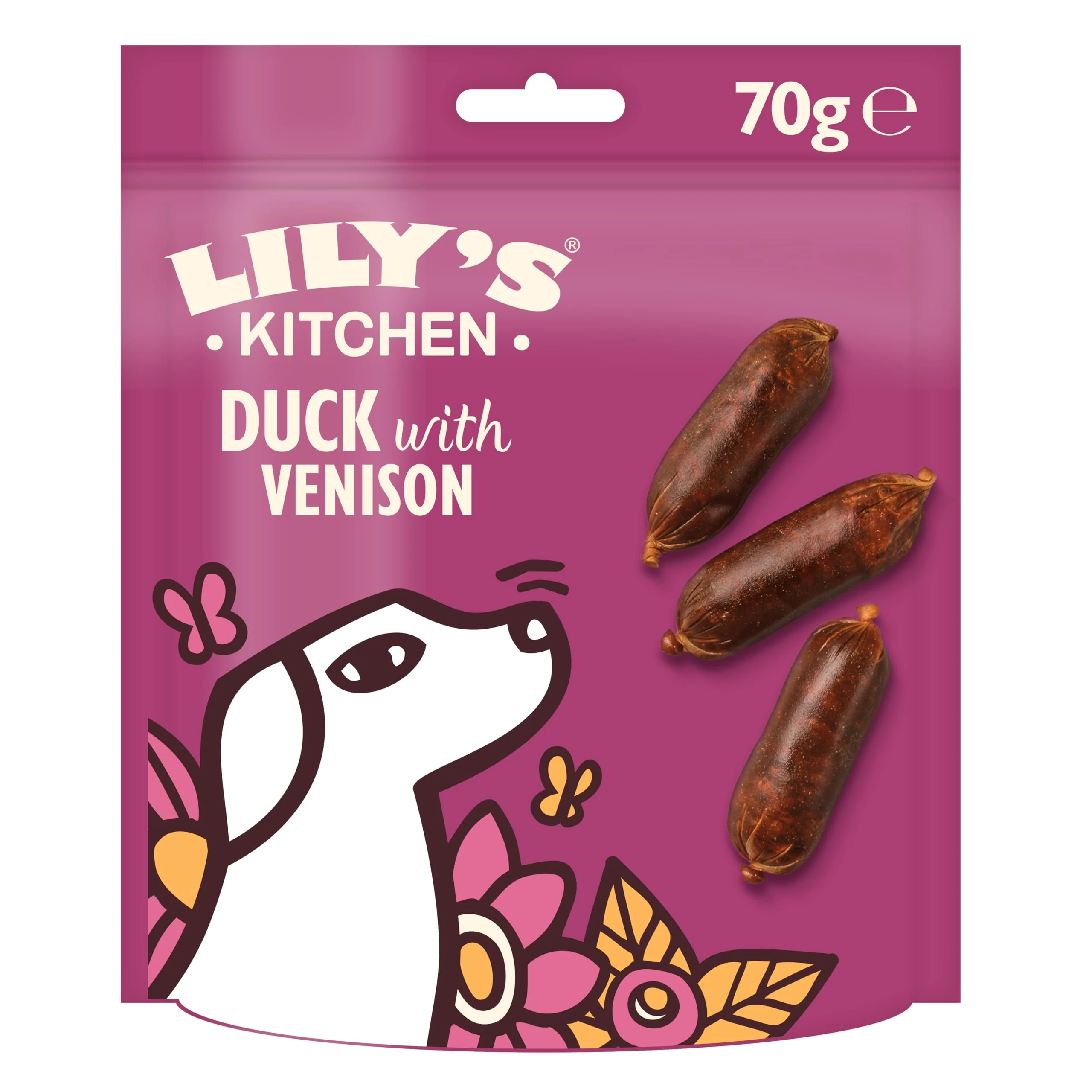 Lily’s Kitchen Made with Natural Ingredients Adult Dog Treats Packet Scrumptious Duck with Venison Sausages Grain-Free Recipes 8 x 70g