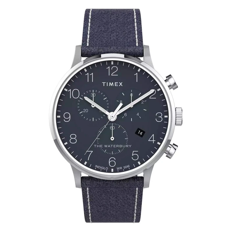 Timex Mens Chronograph Watch Waterbury with Leather Strap,TW2T71300,Blue/Blue