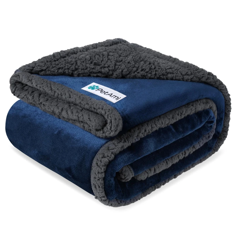 PetAmi Waterproof Dog Blanket for Medium Large XL Dog Puppy Cat Throw for Couch Cover Leakproof Protection, Sherpa Fleece, Reversible Soft Washable 80x60 Navy Gray