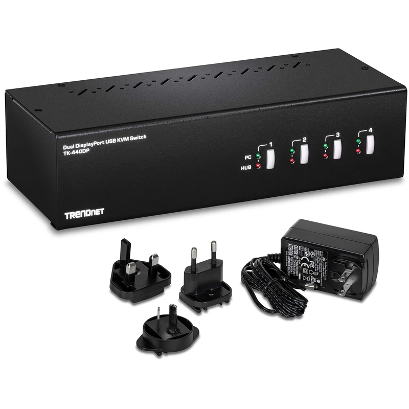TRENDnet 4-Port Dual Monitor DisplayPort KVM Switch with Audio, TK-440DP, 2-Port USB 2.0 Hub, 4K UHD Resolutions Up to 3840 x 2160, Black, Manual Operation