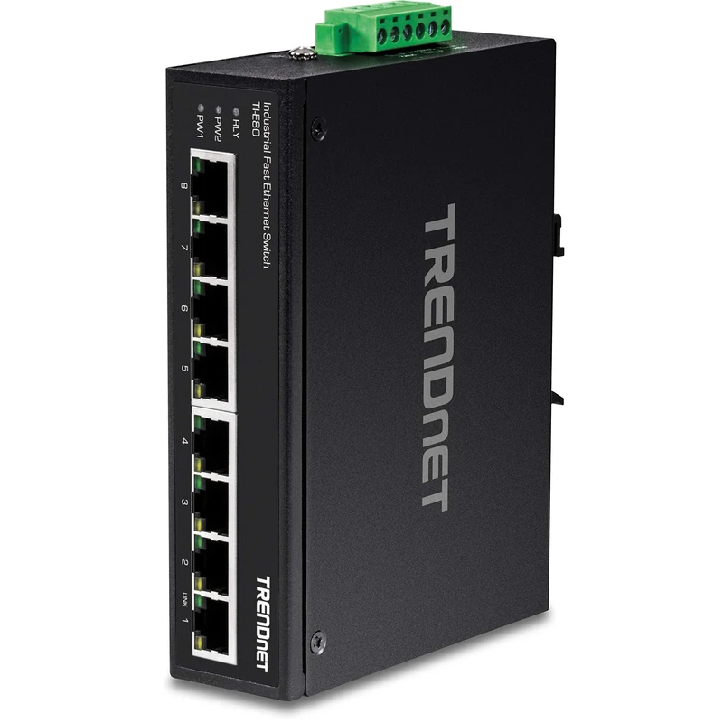 TRENDnet 8-Port Industrial Unmanaged Fast Ethernet DIN-Rail Switch, TI-E80, 8 x Fast Ethernet Ports, 1.6 Gbps Switching Capacity, 8 Port Network Fast Ethernet Switch, IP30 Metal Switch