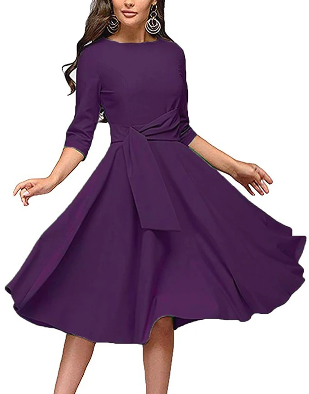 Women's Elegance Audrey Hepburn Style Ruched Dress Round Neck 3/4 Sleeve Sleeveless Swing Midi A-line Dresses with Pockets - Purple - X-Large - Image 1