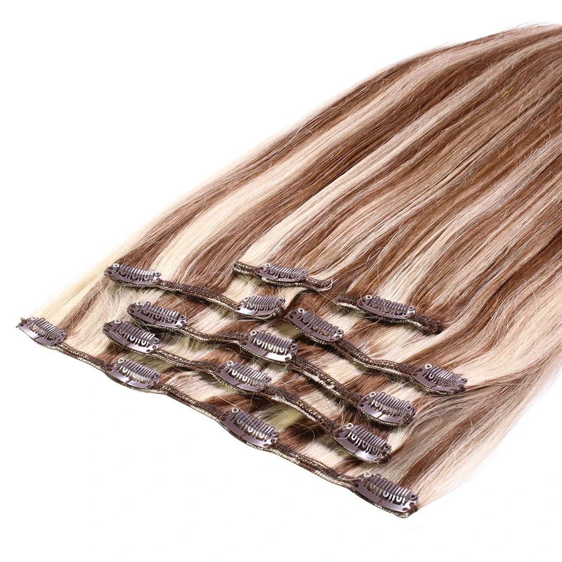 h2h Premium Clip-In Extensions Made of Remy Real Hair 7-Piece 100 g Set Straight 40 cm Colour P6/60 Highlighted Light Brown