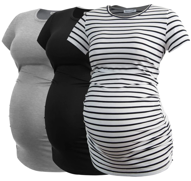 Smallshow Women's Maternity Tops Side Ruched Tunic T-Shirt Pregnancy Clothes, Black/Light Grey/White Stripe, S