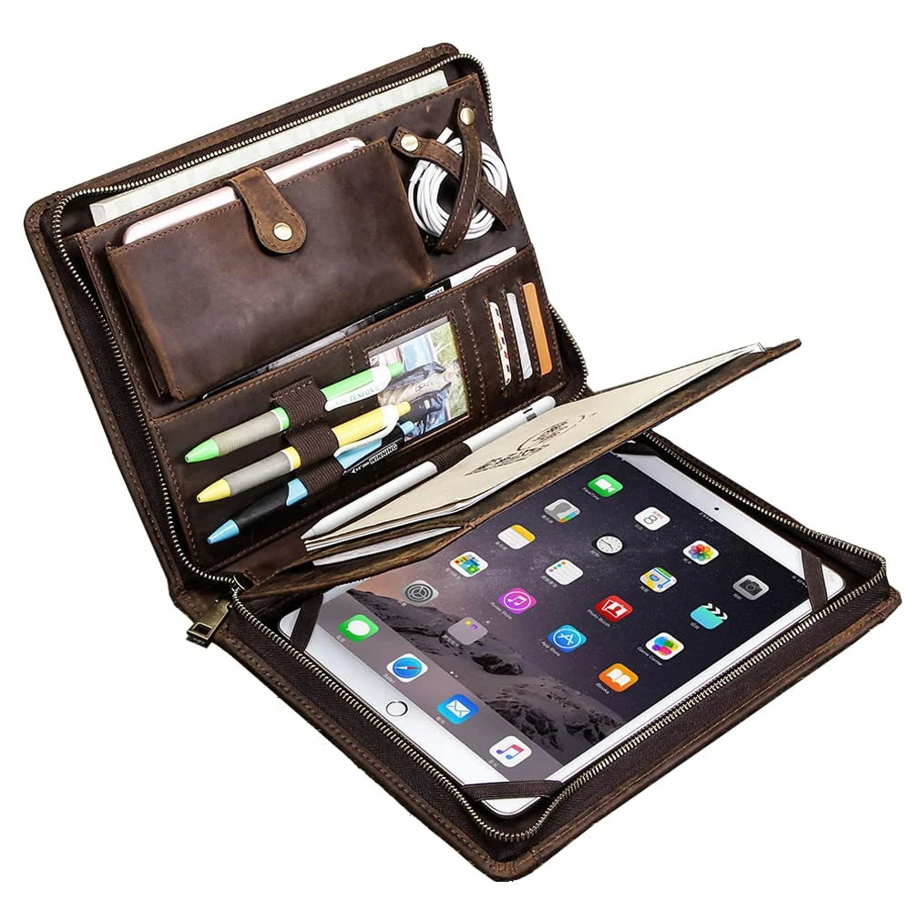 Handmade Vintage Genuine Cowhide Leather Portfolio Folder Zipped for iPad Pro 9.7"/10.5"/11",A4 Size Portfolio Padfolio Case,Business Organizer,A4 Document Folder,Brown