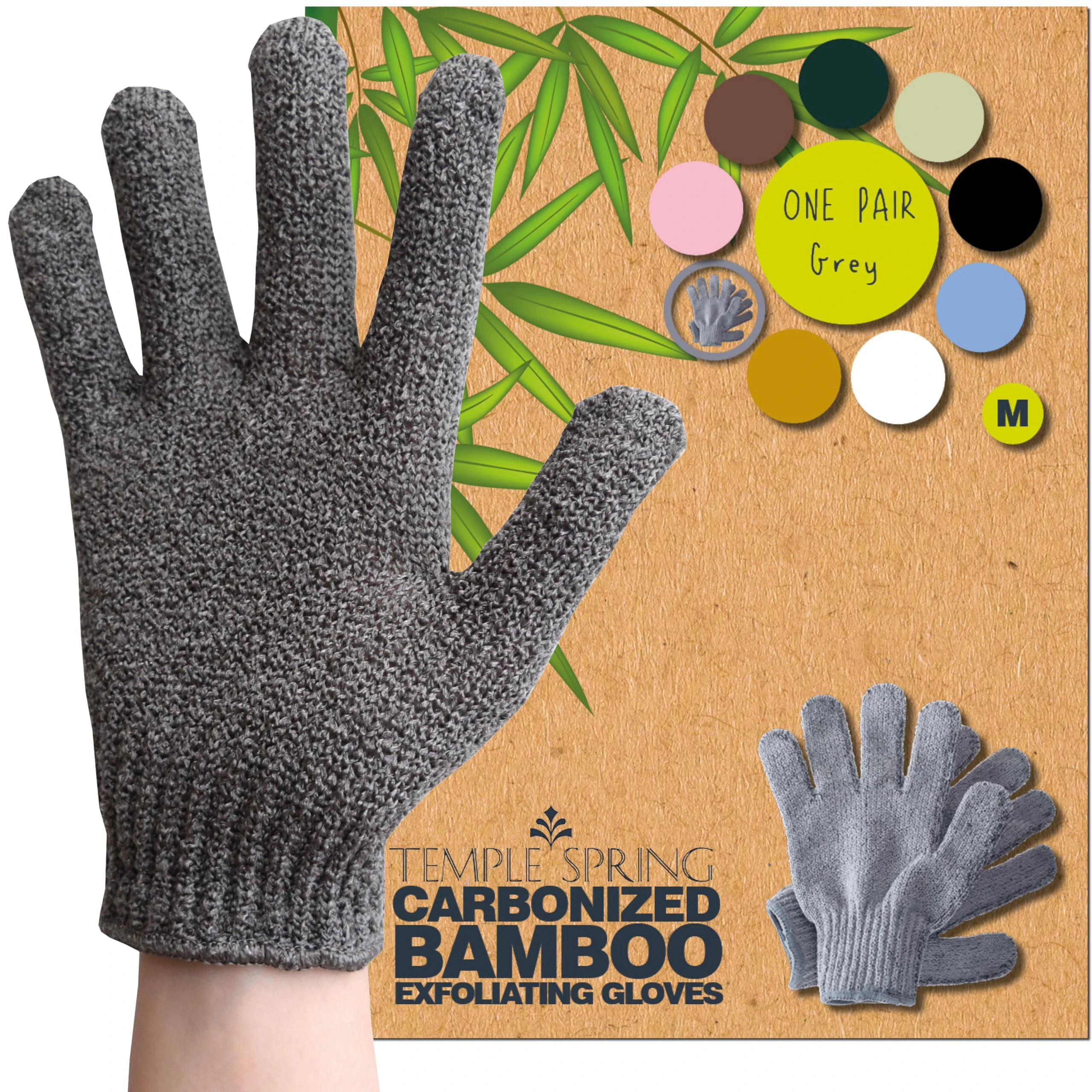 Temple Spring Exfoliating Glove, Carbonized Rayon Bamboo Body Scrubber, Loofah Exfoliating Mitt, Shower Scrubber Wash Cloth, Body Exfoliator Scrub, Loofa Shower Gloves Bath Sponge - Grey