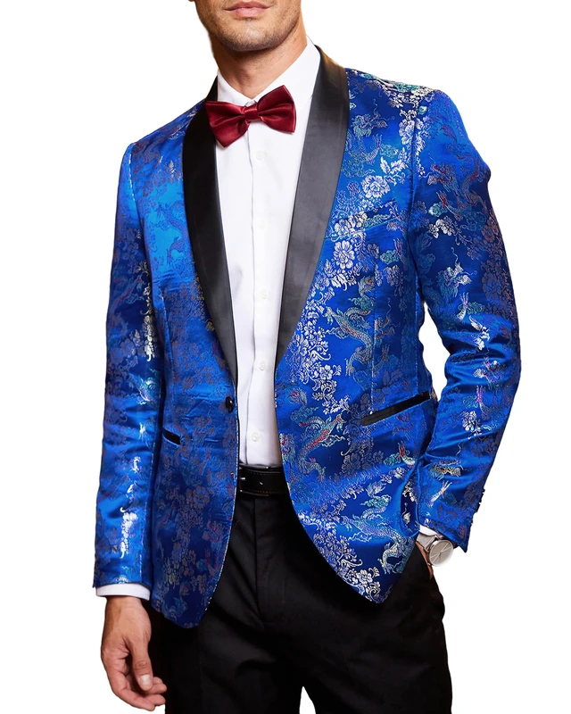 COOFANDY Men's Floral Dress Suit Luxury Embroidered Wedding Blazer Dinner Tuxedo Jacket for Party, Blue, XXL