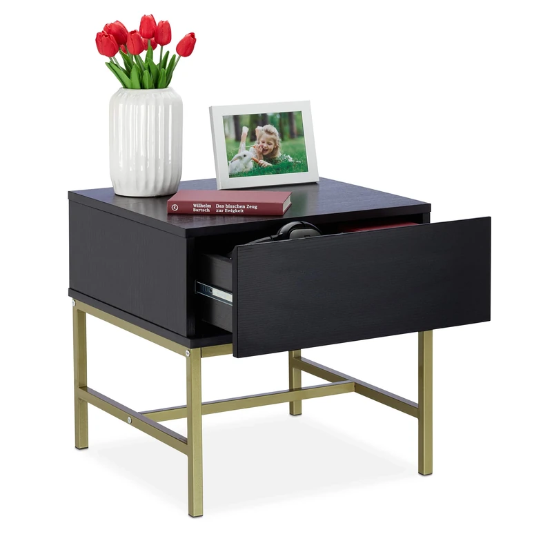 Relaxdays Black Nightstand, Square Side Table with Drawer, Wood, Golden Metal Frame, 50x50x50 cm, Black