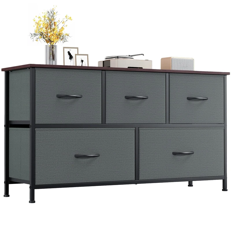 Somdot Chest of Drawers with 5 Drawers, Wide Storage Organiser Fabric Dresser for Living Room TV Stand Bedroom Closet Nursery Bedside Entryway Hallway, Charcoal Grey