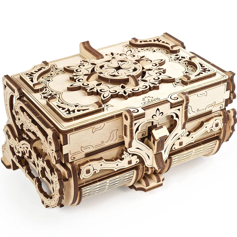 Ugears Antique 3D Puzzle Box - 3D Wooden Puzzles for Adults Mechanical Treasure Chest - Secret Compartment Building Set with Lock - 3D Wooden Model Kits For Adults to Build Gift for Christmas