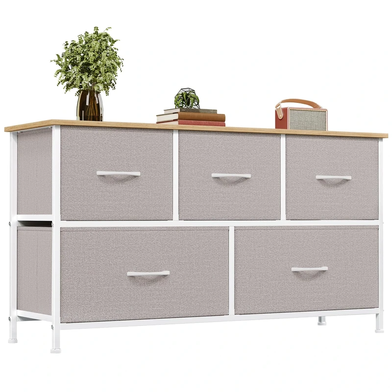 Somdot Chest of Drawers with 5 Drawers, Wide Storage Organiser Fabric Dresser for Living Room TV Stand Bedroom Closet Nursery Bedside Entryway Hallway, Ash Grey