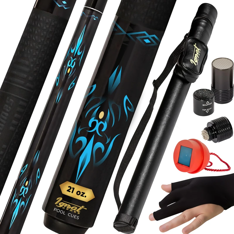 IgnatGames 2-Pieces Pool Cue Stick - 18/19/20/21 oz. 58" Canadian Maple Professional Billiard Pool Cues Sticks with Hard Case, 3 in 1 Pool Stick Tip Tool, 3 Finger Glove and Chalk Holder (21 oz. Blue)