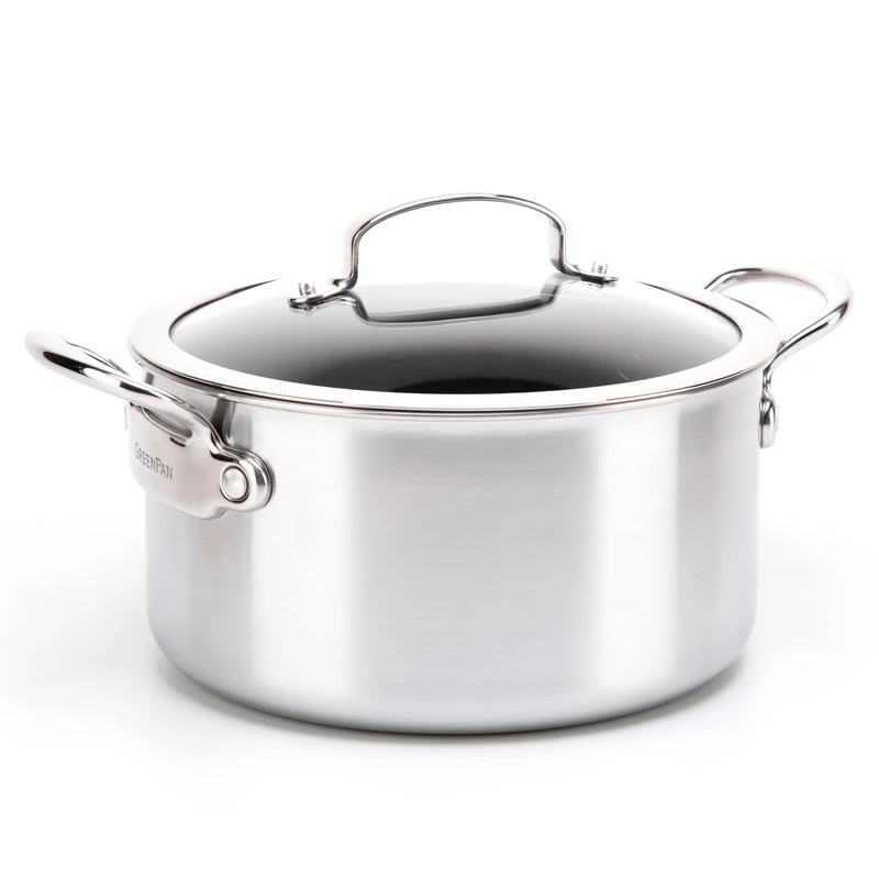Greenpan Barcelona Evershine Tri-Ply Stainless Steel Healthy Diamond Reinforced Ceramic Non-Stick 18 cm/2.1 Litre Casserole with Glass Lid, PFAS-Free, Multi Clad, Induction, Oven Safe, Silver