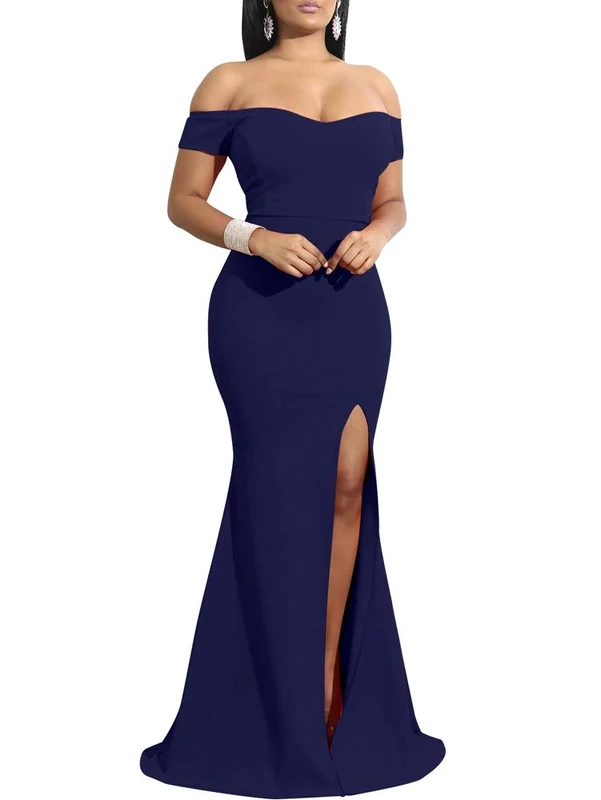 YMDUCH Women's Off Shoulder High Split Long Formal Party Dress Evening Gown, Navy, M