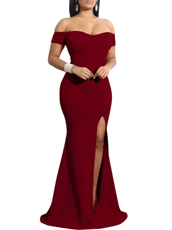 YMDUCH Women's Off Shoulder High Split Long Formal Party Dress Evening Gown, WineRed, L