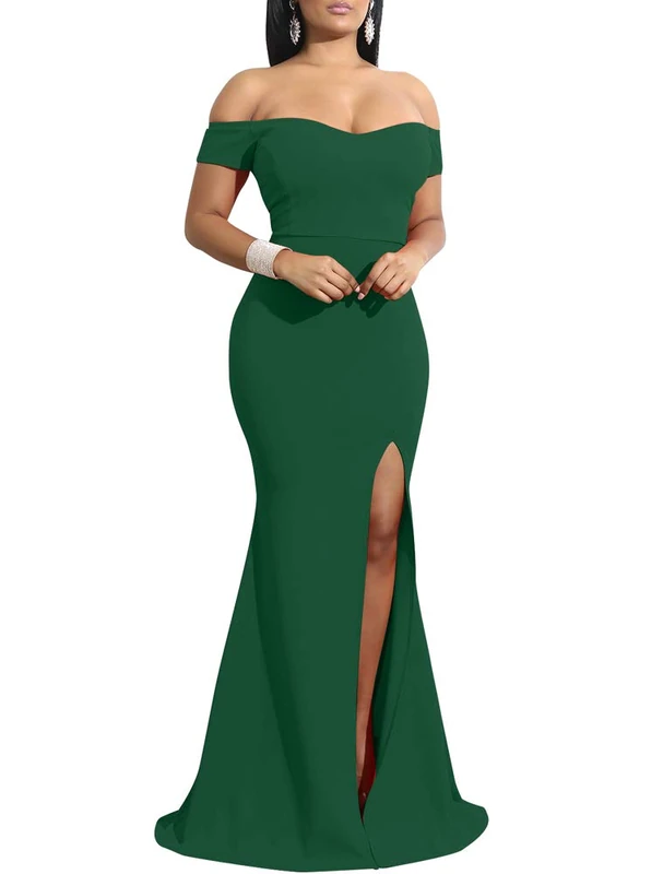 YMDUCH Women's Off Shoulder High Split Long Formal Party Dress Evening Gown, DarkGreen, M
