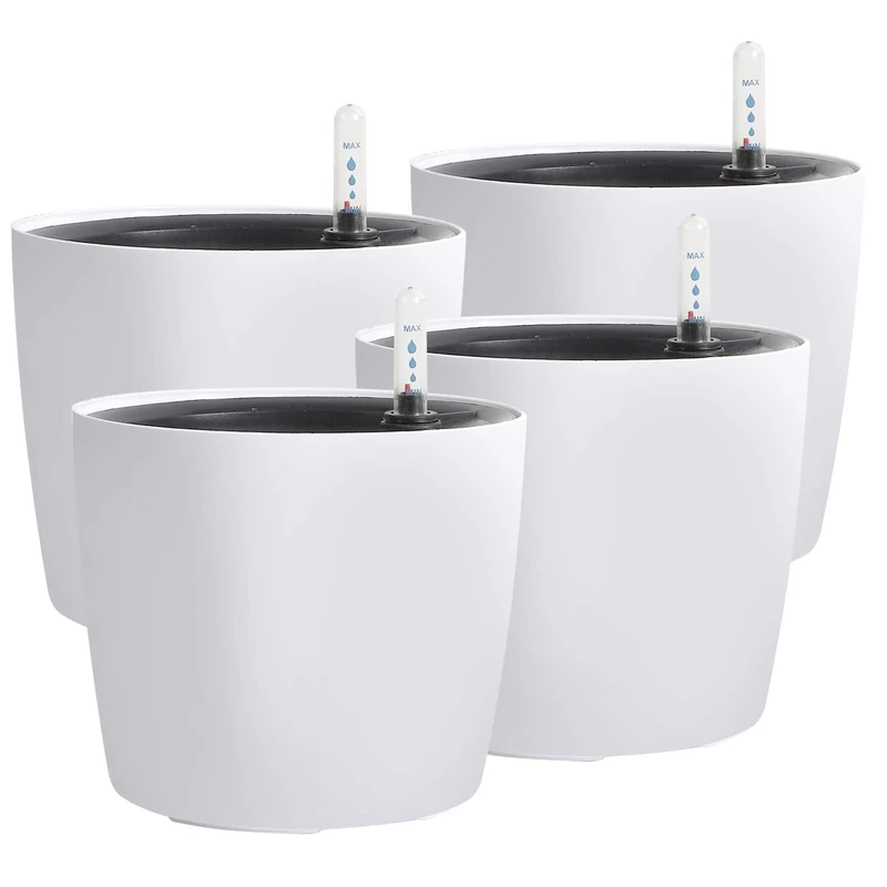 KINJOEK 4 Packs 7 Inch Self Watering Planter with Water Level Indicator, Modern Garden Decorative White Flower Pot for House Plants, Flowers, African Violets, Succulents, White