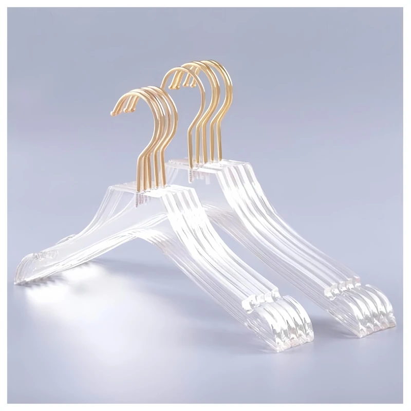 Yijiang Beautiful and Lightweight 10 Pcs Clear Acrylic Hanger Crystal Clothes Hanger with Gold Hook, Transparent Shirts Dress Hanger with Notches for Lady Kids