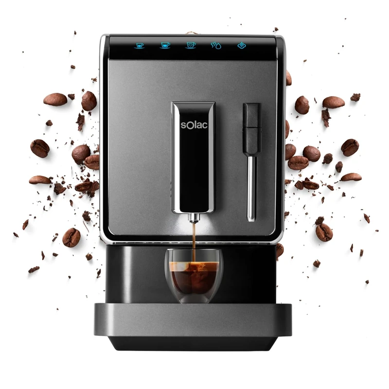 Solac CA4810-1470W Bean Coffee Machine, 160g Bean Grinder, Touch Screen, Modern Compact Design 18cm, 1.2L Tank, Steam Nozzle, Automatic Wash, Programmable, Black