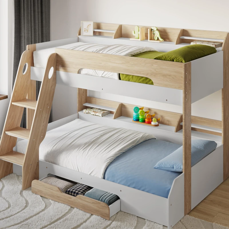 Flair Furnishings Triple Bunk Beds for Kids, Space-Saving Bunk Bed with Storage, Heavy Duty and Sturdy, Cosy, Stylish (Oak)