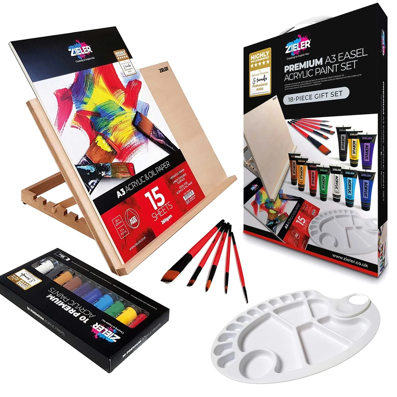 Artists Premium Acrylic Gift Set Bundle - by Zieler® - A3 Table Top Easel, 10 Acrylic Paints (38ml), 5 Fine Taklon Acrylic Brushes & A3 Textured Acrylic Pad