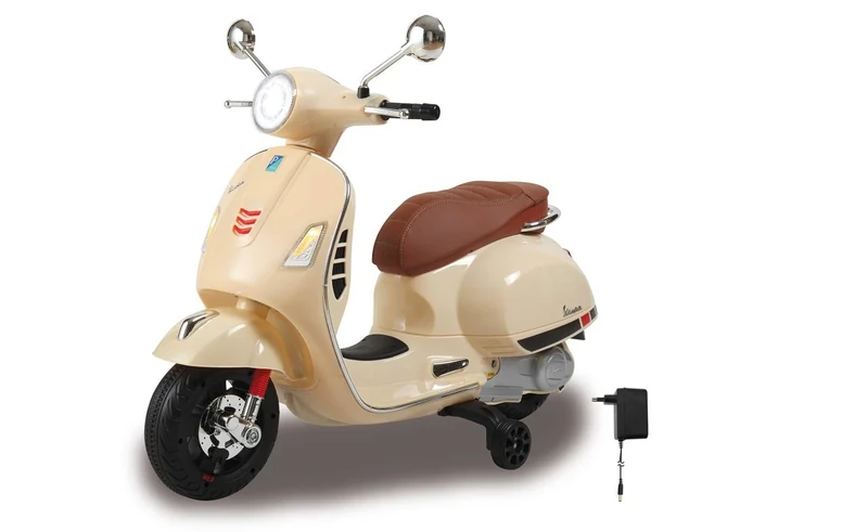 JAMARA 460599 - Ride-on Vespa GTS 125 - Powerful Drive Motor and Battery, SD Card Slot, AUX/USB Connection, Ultra Grip Rubber Ring on Wheel, Stabilisers, LED Headlight, Beige