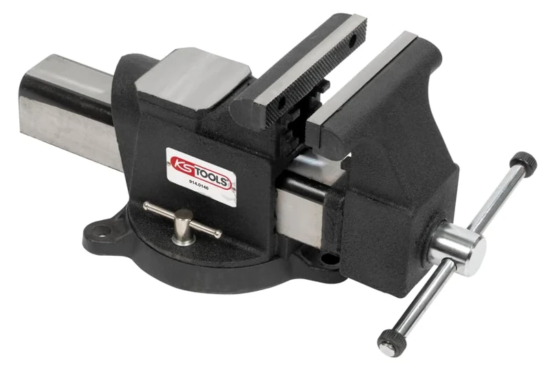 KS Tools 914.0146 - Workbench Vice in Curved 150 mm - Cast Iron Table Vice with Steel Jaws - Versatile Base - Interchangeable Jaws - Distance up to 170 mm