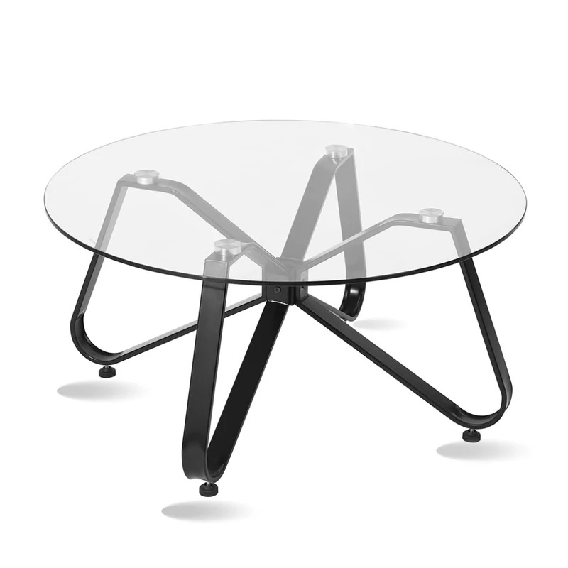 FurnitureR Coffee Table D80cm Round Modern Glass Tea Table Easy Assembly Tempered Glass for Living Room