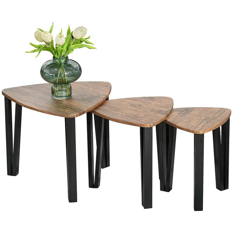 HOMCOM 3 PCs MDF Steel Nesting Table Coffee Table Set Multifunctional End Side Table Living Room Furniture Walnut Wood Grain