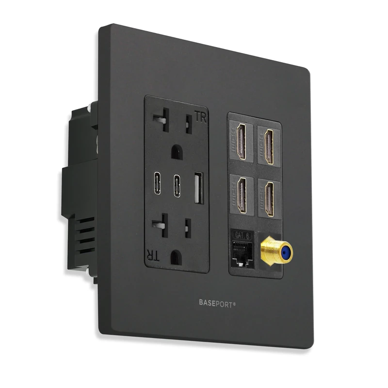Premium Media Wall Outlet | Dual 6.3A USB-A 2.0 Ports - 1 USB-C 3.0 Port - 4 HDMI Wall Outlet - Cat6 Rj45 Ethernet Port - 15A Dual Power Outlet - Coax Cable Wall Plate - Black Face Plate