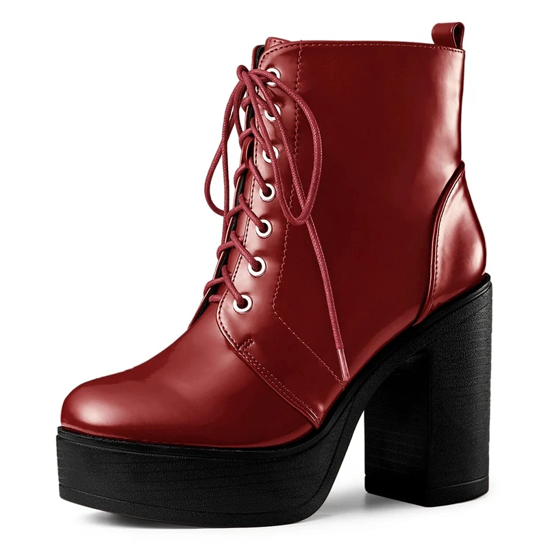 Allegra K Women's Platform Chunky High Heel Lace Up Combat Boots Red 6.5 UK/Label Size 8.5 US