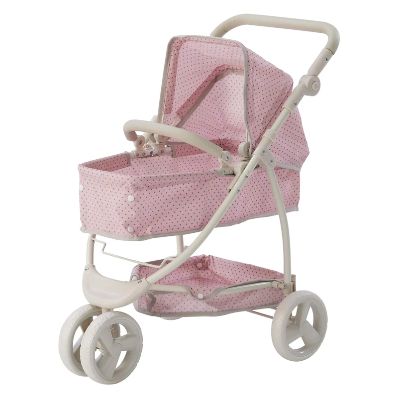 Olivia's Little World Pink Polka Dot Dolls Pram Stroller Pushchair For Baby Dolls Toy Pram With Multiposition Seat & Storage UK-OL-00009