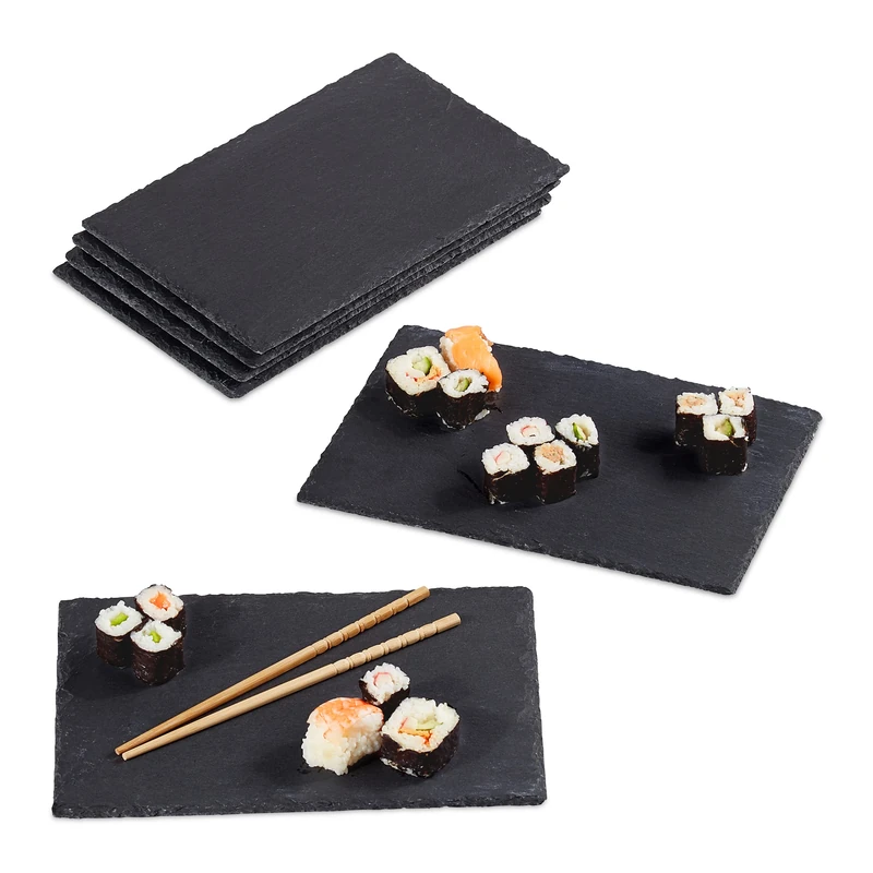 Relaxdays Slate Tile Set of 6, Large Serving Plates Made of Slate, for Serving & Write On, 30x20cm, Anthracite
