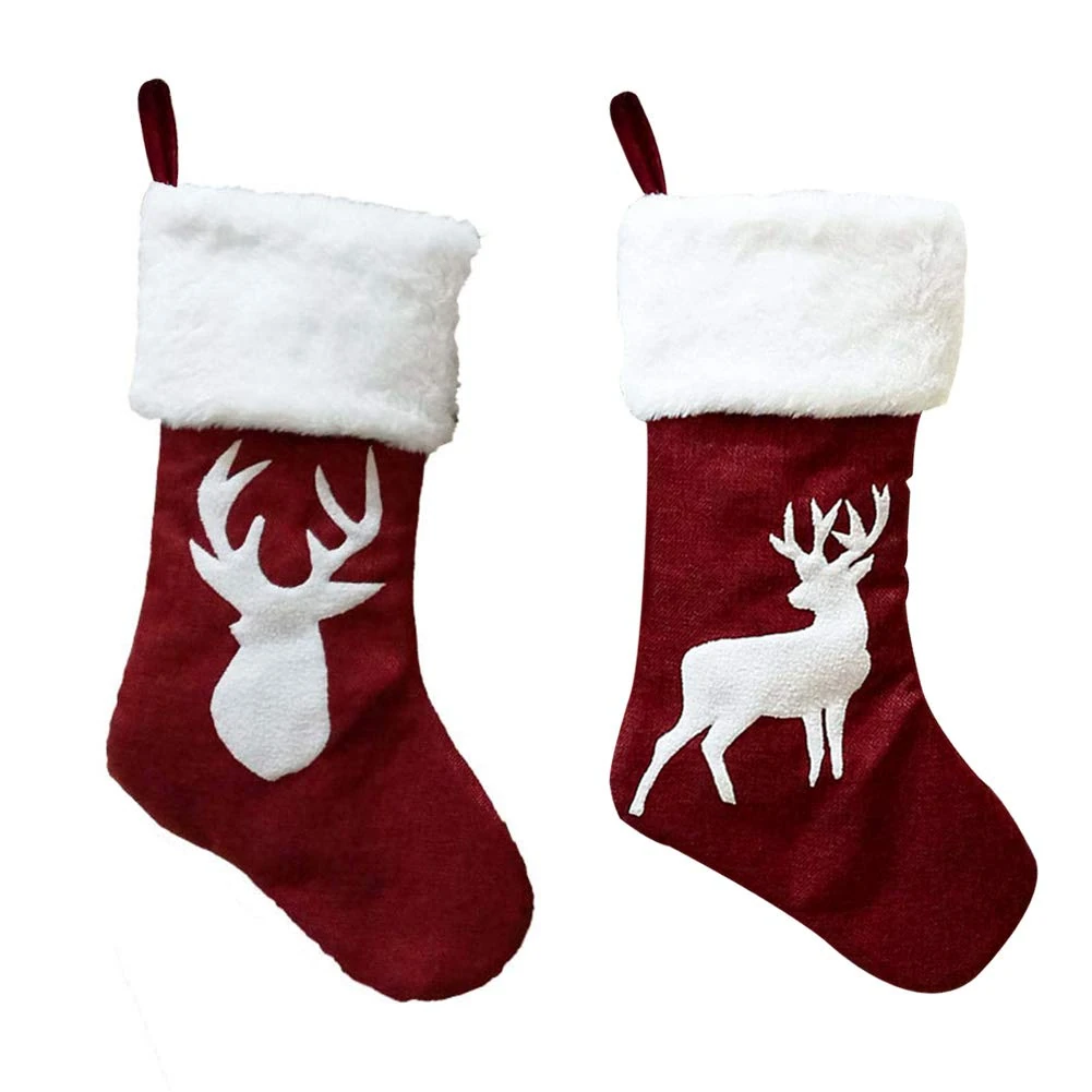 Christmas Stocking 2Pcs 18" Large Christmas Stockings Bulk Reindeer Xmas Stockings for Kids Goodie Bags Xmas Decorations Stockings Gifts Holding Set for Christmas Tree Family Holiday Party Ornament