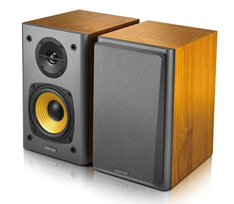 Edifier R1000T4 Active Bookshelf Speakers 2.0, 24W RMS, 4″ Mid-Bass & 0.5″ Tweeters, Dual RCA & 3.5 mm AUX Inputs, Tone & Volume Knobs, Pair, Wood Grain