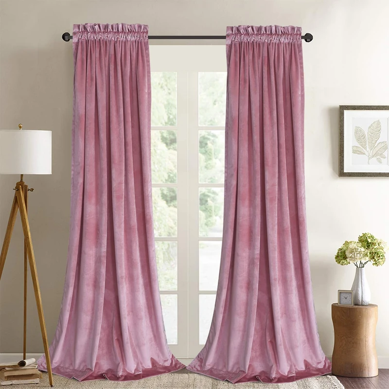 Roslynwood Velvet Curtain Panels Pink Blush Window Luxury Drapes for Bedroom Thermal Insulated Rod Pocket Curtain for Living Room (2 Panels, 52 by 84 Inch)